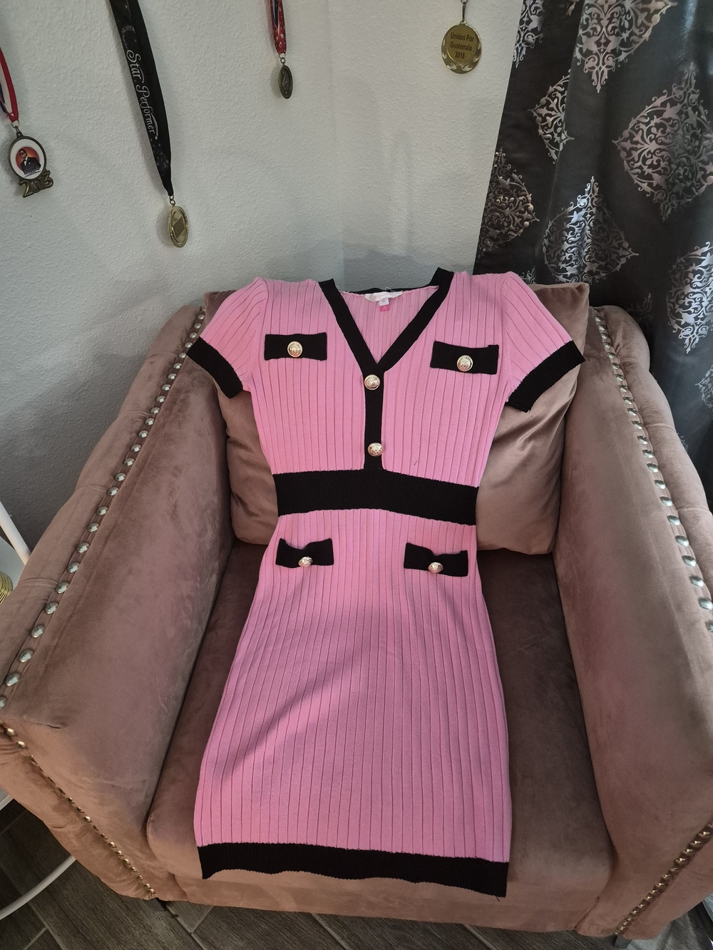 No Boundaries Pink Ribbed Knit Dress with Black Trim & Gold Buttons